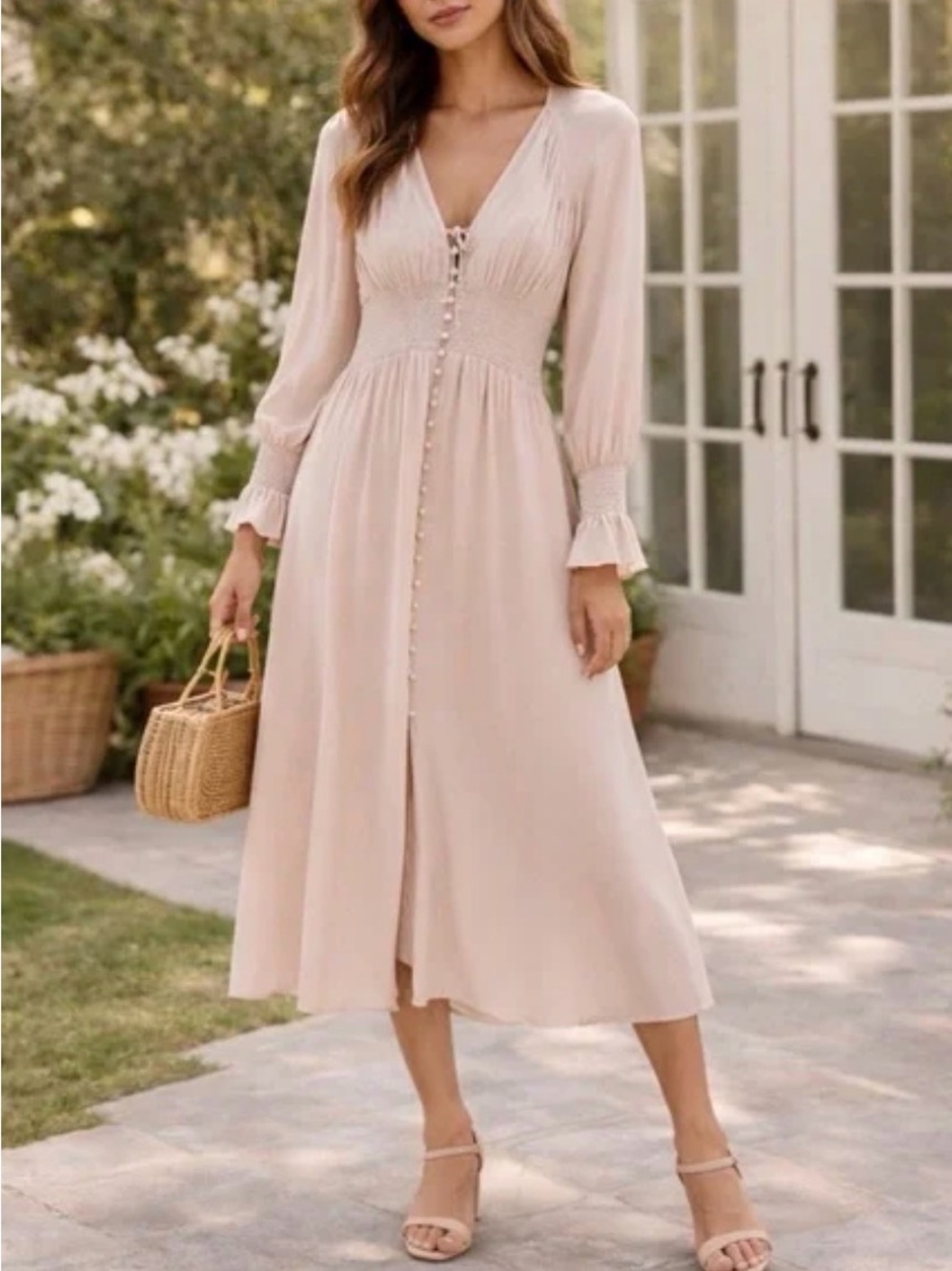 NWT Reformation Fia Midi Dress Smocked Waist Summery Cream White Size 0 C